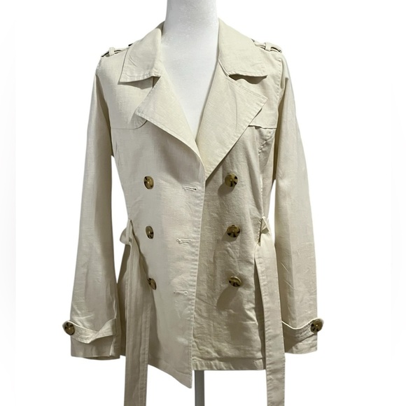 Old Navy Ivory Linen Blend Double-Breasted Tie Belt Jacket Small – Trench Style - Picture 1 of 14